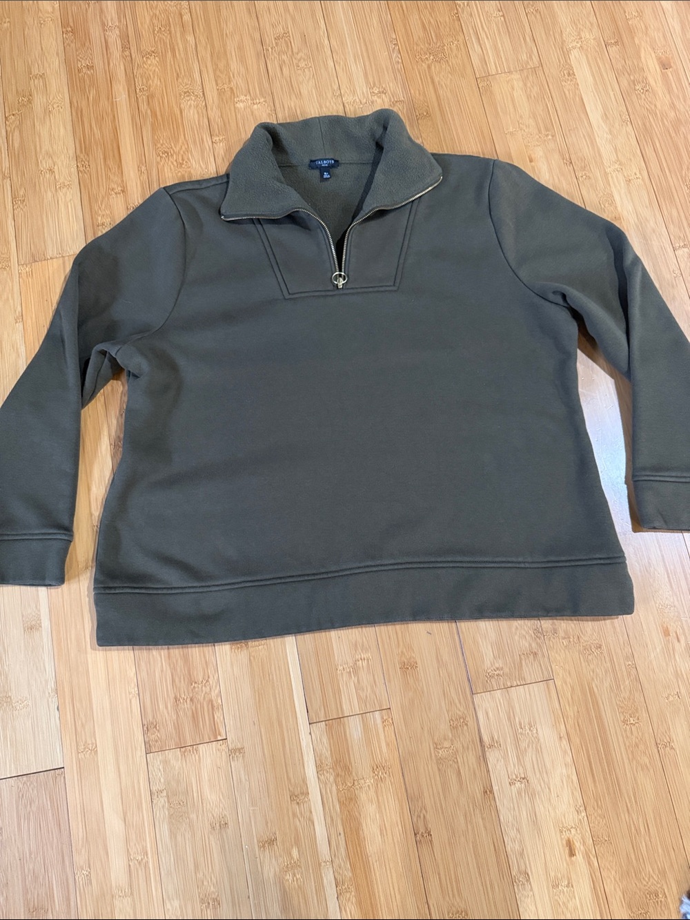 Talbots Olive Green Half-Zip Pullover Sweatshirt Gold Tone Zipper Ring